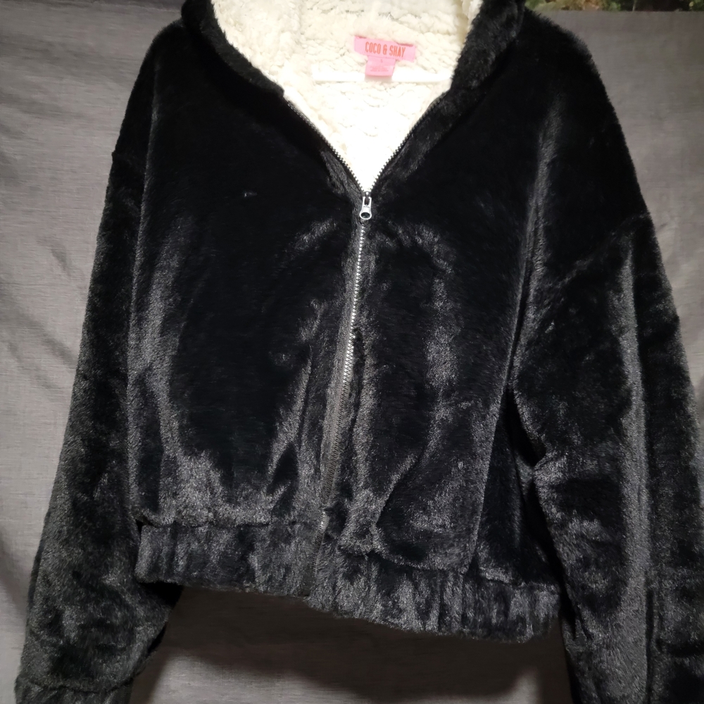 Black Faux-Fur Zip Hooded Jacket